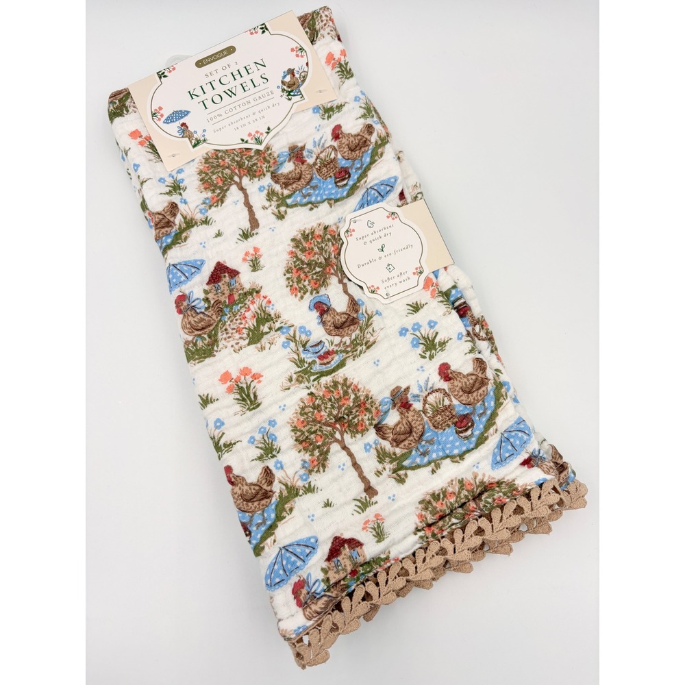En Vogue Set of 2 Cotton Gauze Kitchen Towels Chicken Hen Print Crochet Lace